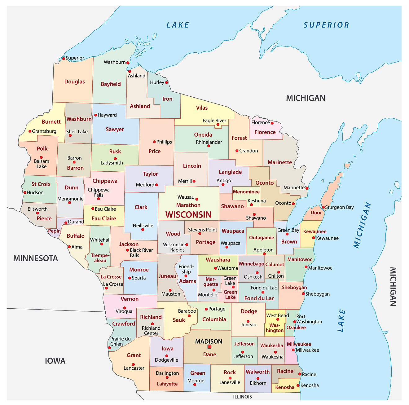 Mapa administrativo de Wisconsin que muestra sus 72 condados y la ciudad capital - Madison