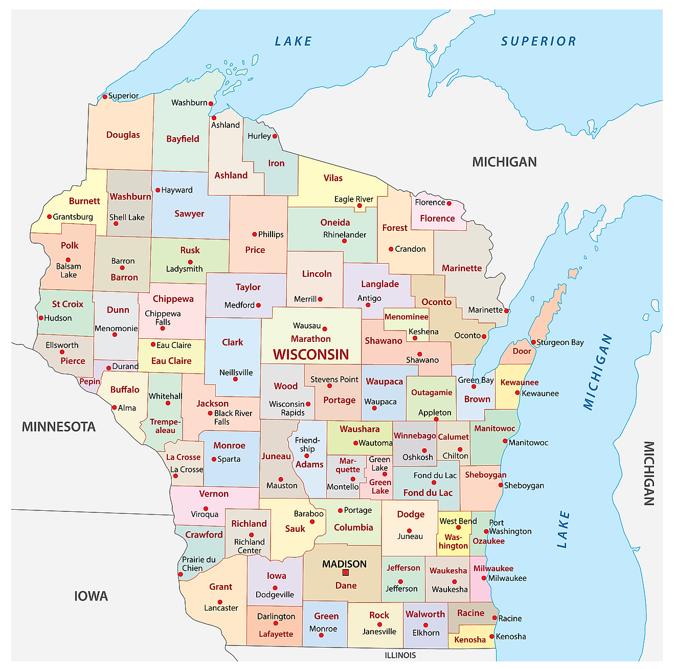 Administrative Map of Wisconsin showing its 72 counties and the capital city - Madison