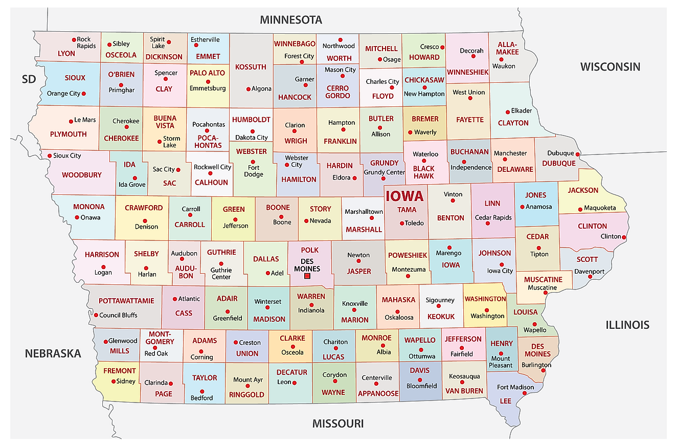 Mapa administrativo de Iowa que muestra sus 99 condados y la ciudad capital - Des Moines