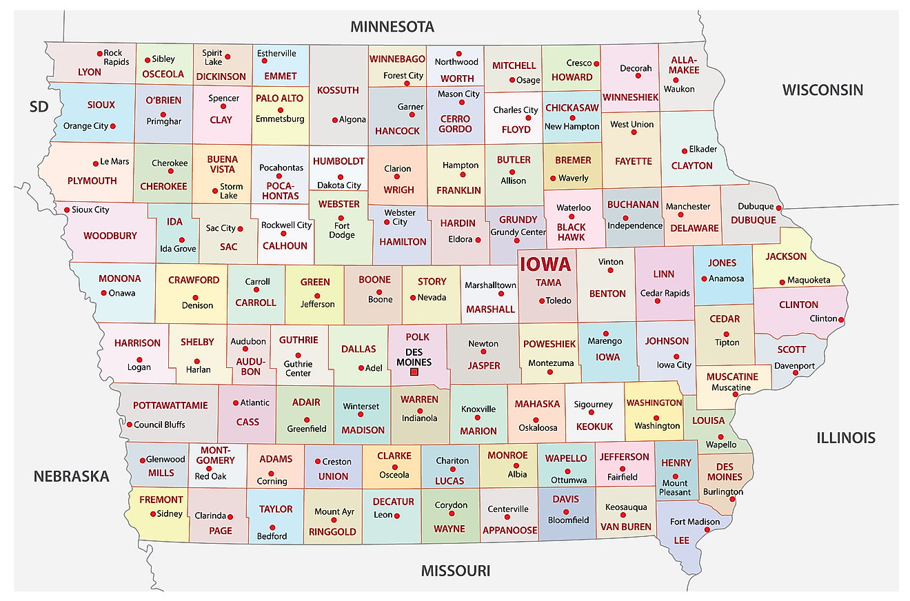 Mapa administrativo de Iowa que muestra sus 99 condados y la ciudad capital - Des Moines