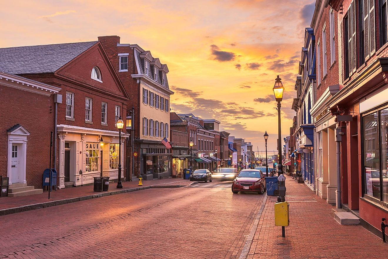 Annapolis, Maryland, USA downtown cityscape on Main Street at dawn.