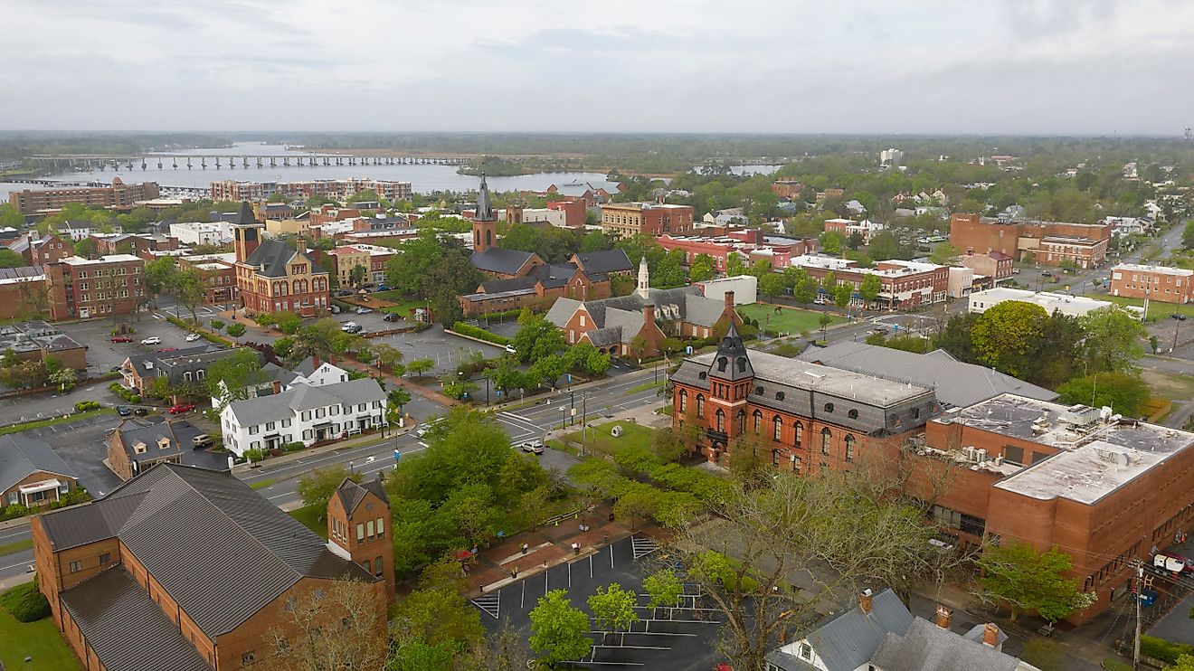Aerial view of New Bern, North Carolina, with the Neuse River in the distance.