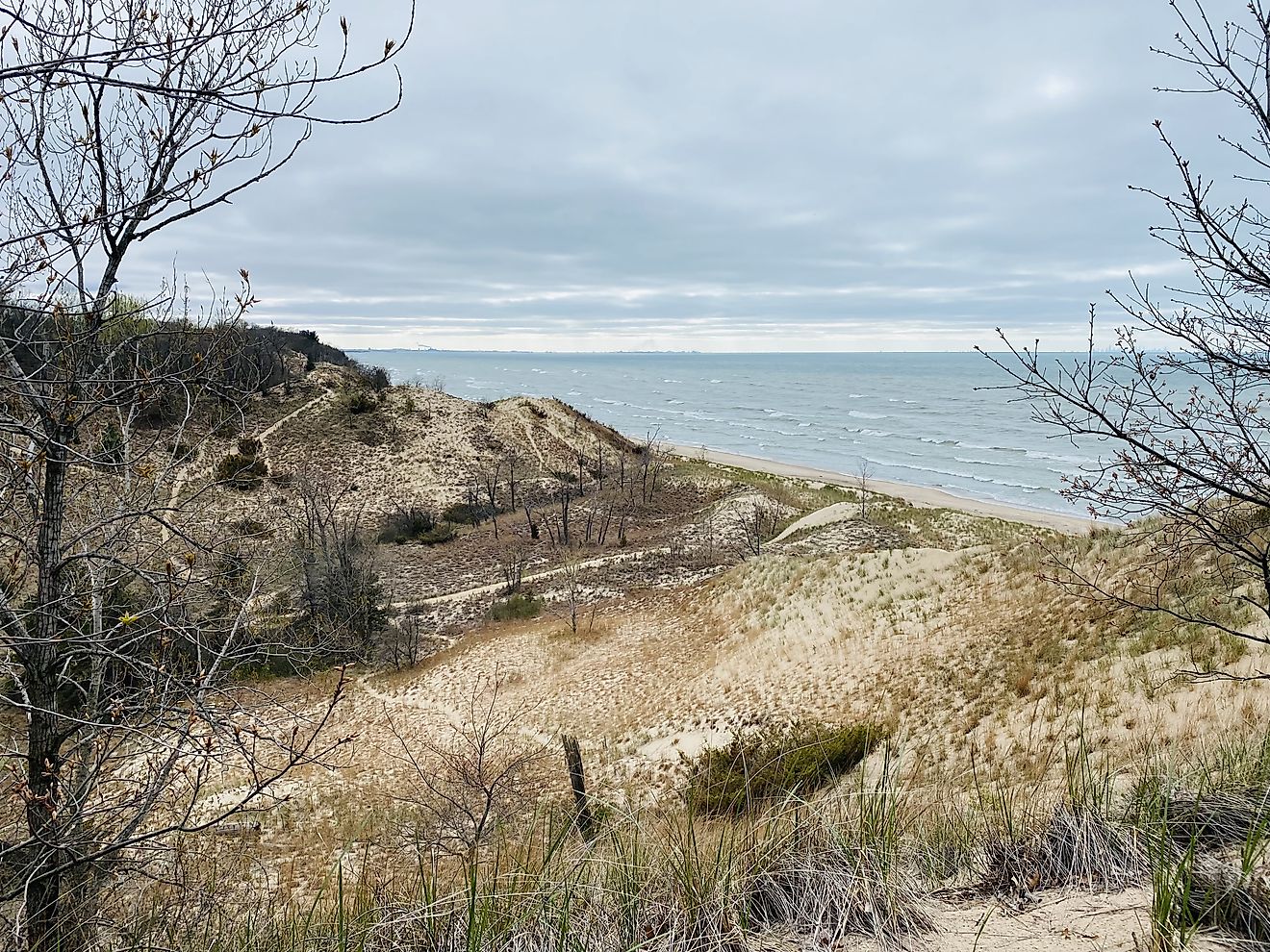 Slim trails skirt through the rugged, grassy sand dunes of Indiana's Lake Michigan shore. A cloudy day, but a beautiful day. 