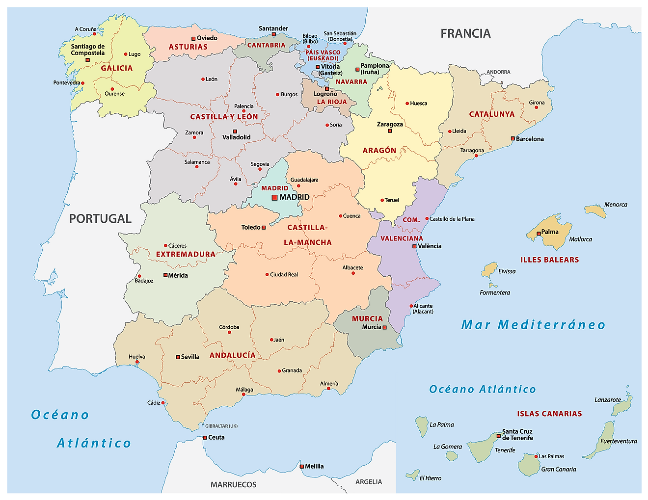 Political Map of Spain showing 17 autonomous communities and the capital city of Madrid.