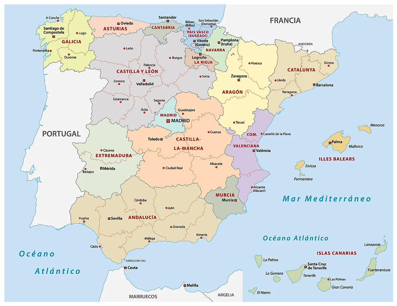 Political Map of Spain showing 17 autonomous communities and the capital city of Madrid.