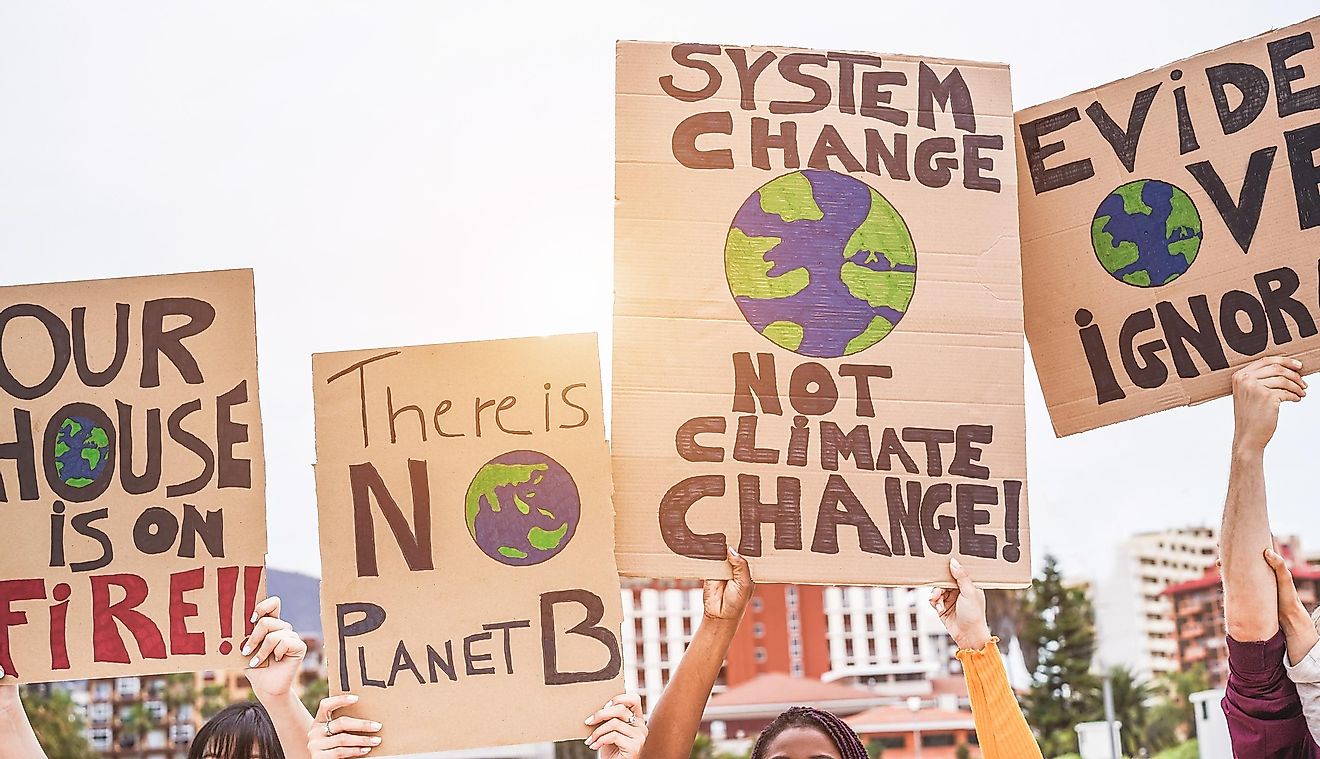 Signs at a climate march. Image credit: DisobeyArt/Shutterstock