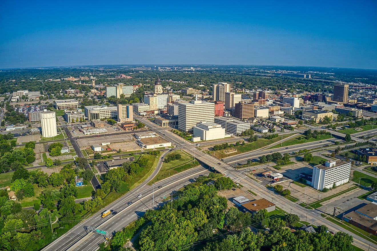 Aerial view of Topeka, Kansas, skyline in the morning. 