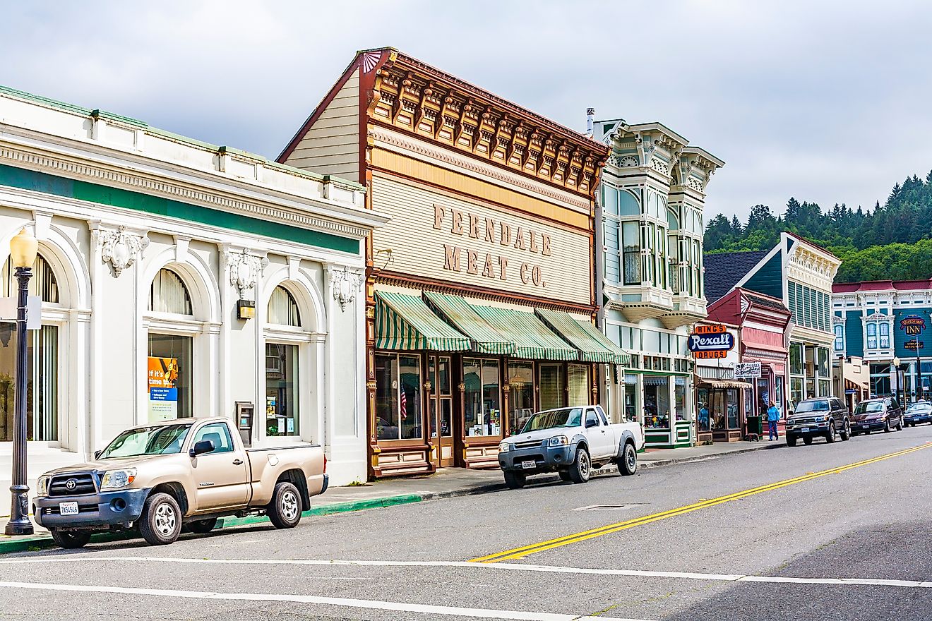 Victorian storefronts in Ferndale, California, via travelview - stock.adobe.com