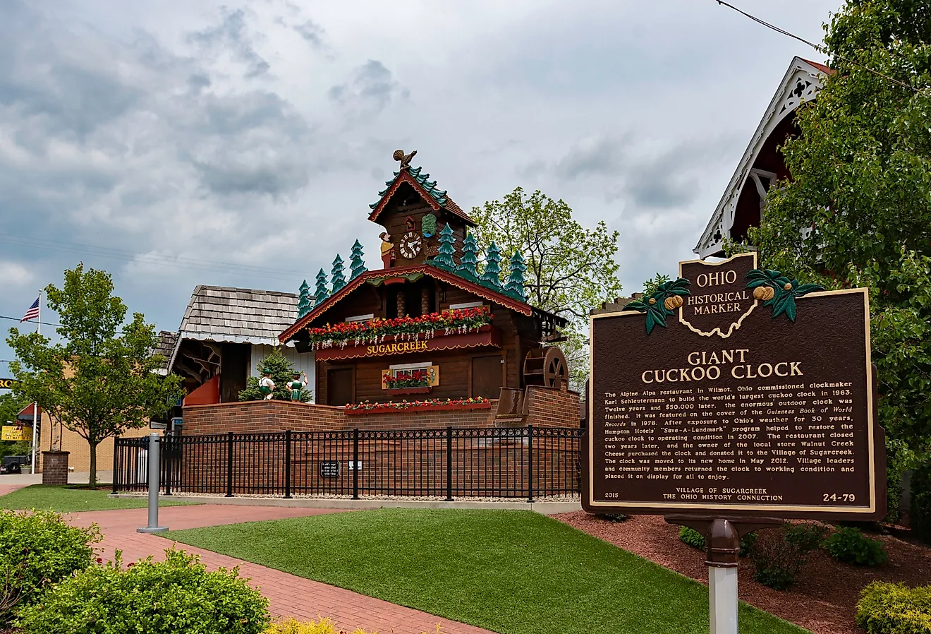 Historical marker for the Giant Cuckoo Clock, Sugarcreek, Ohio. Image credit JNix via Shutterstock