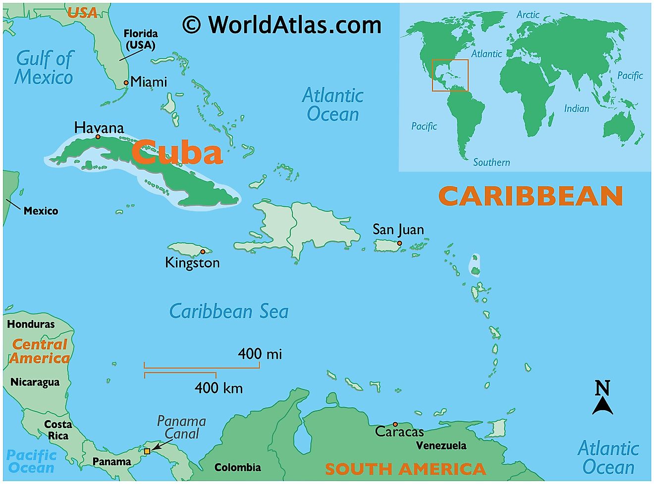 Mapa que muestra la ubicación de Cuba en el mundo.