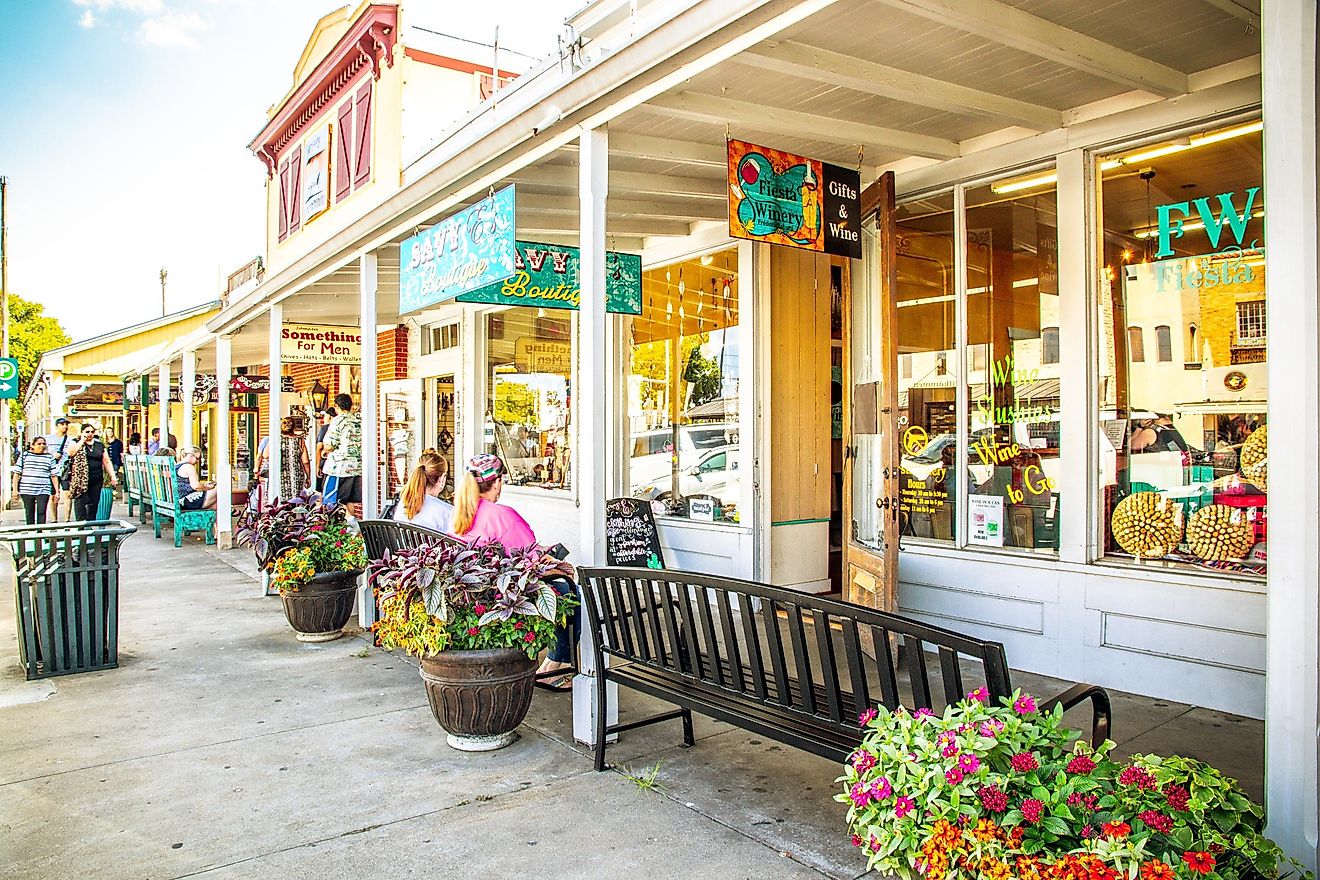 The Main Street in Frederiksburg, Texas, also known as "The Magic Mile", with retail stores and poeple walking