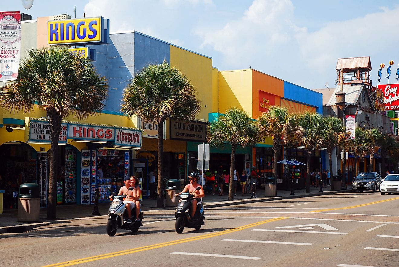 Myrtle Beach, SC: Two motorcycles ride down the main street on a summer day in Myrtle Beach, South Carolina, via James Kirkikis / Shutterstock.com