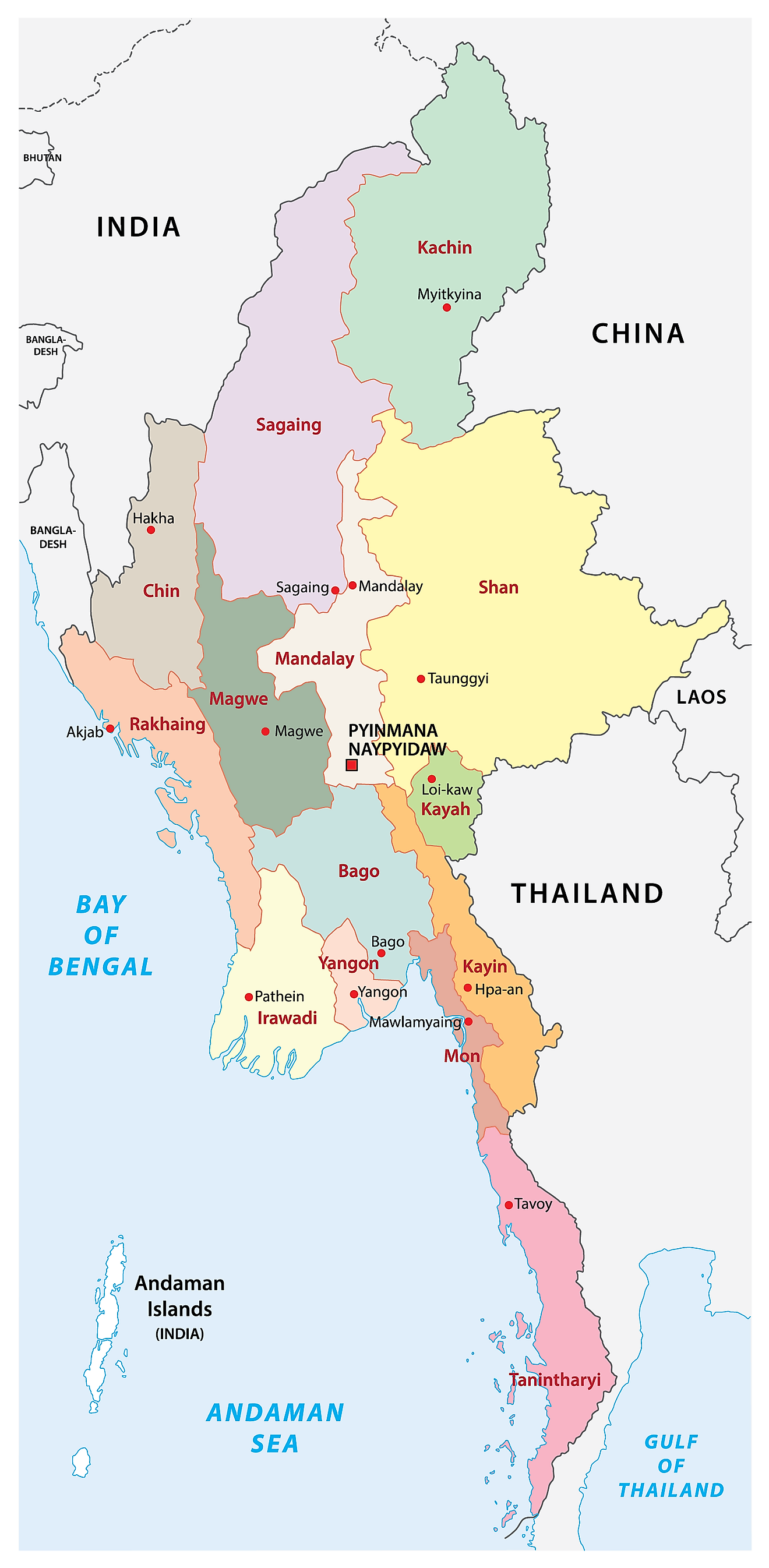 Political Map of Myanmar into 7 regions, their capitals, and the national capital of Naypyidaw.