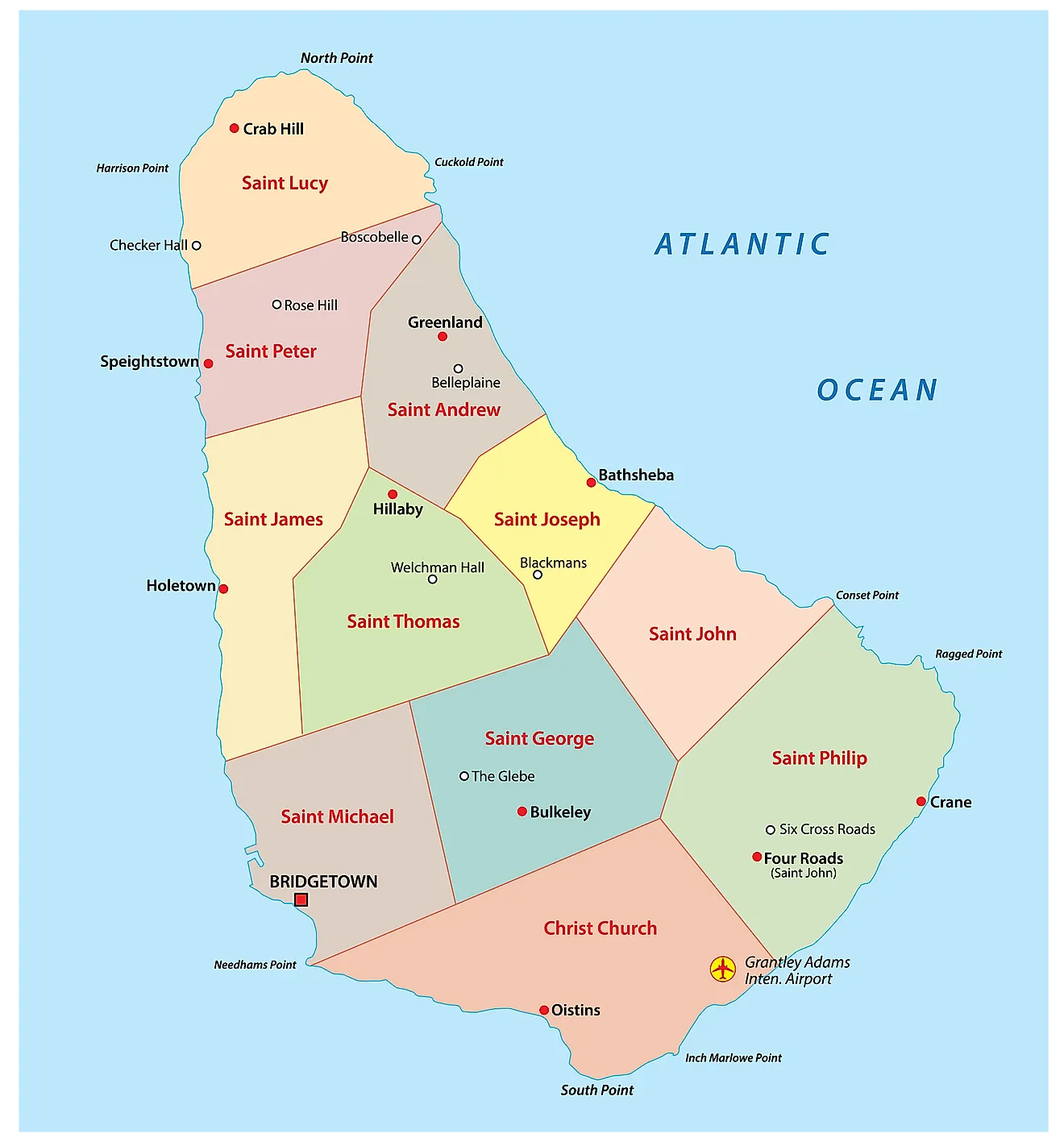 Political Map of Barbados showing its 11 parishes and the capital city of Bridgetown