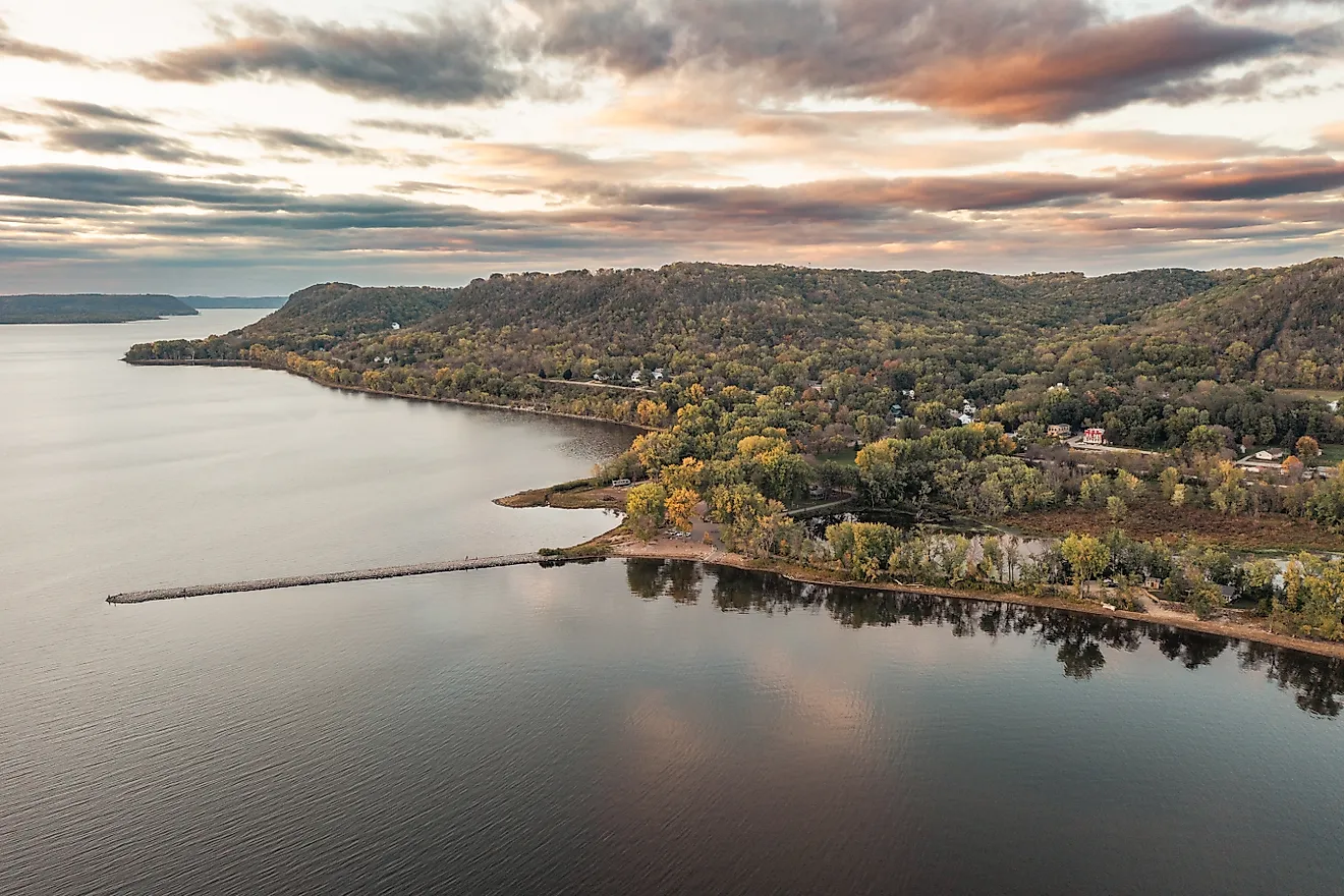 Sunset drone photos over Lake Pepin on the Mississippi River in Stockholm, Wisconsin