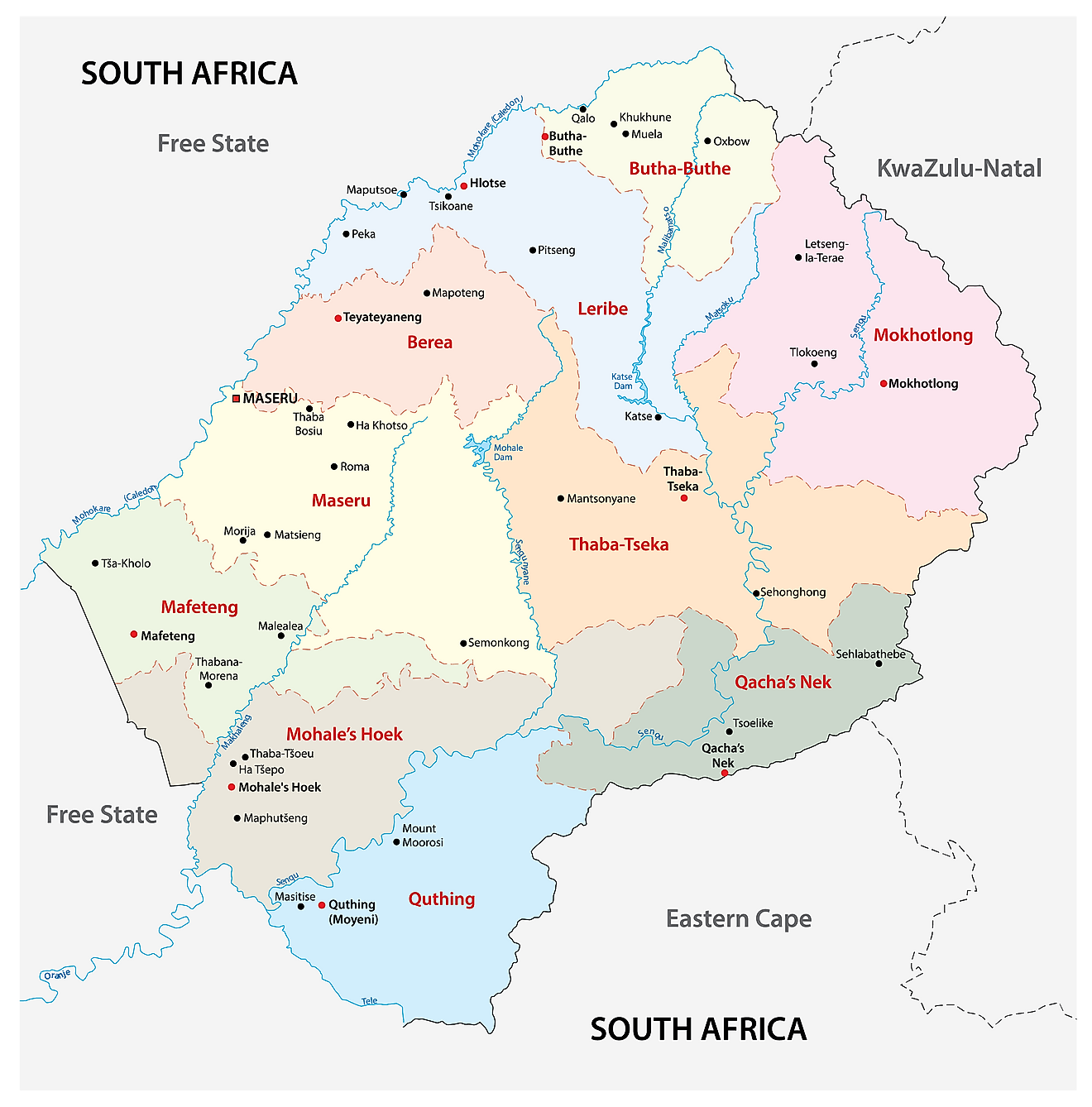 El mapa político de Lesotho que muestra los 10 distritos, sus capitales, incluida la capital nacional de Maseru.
