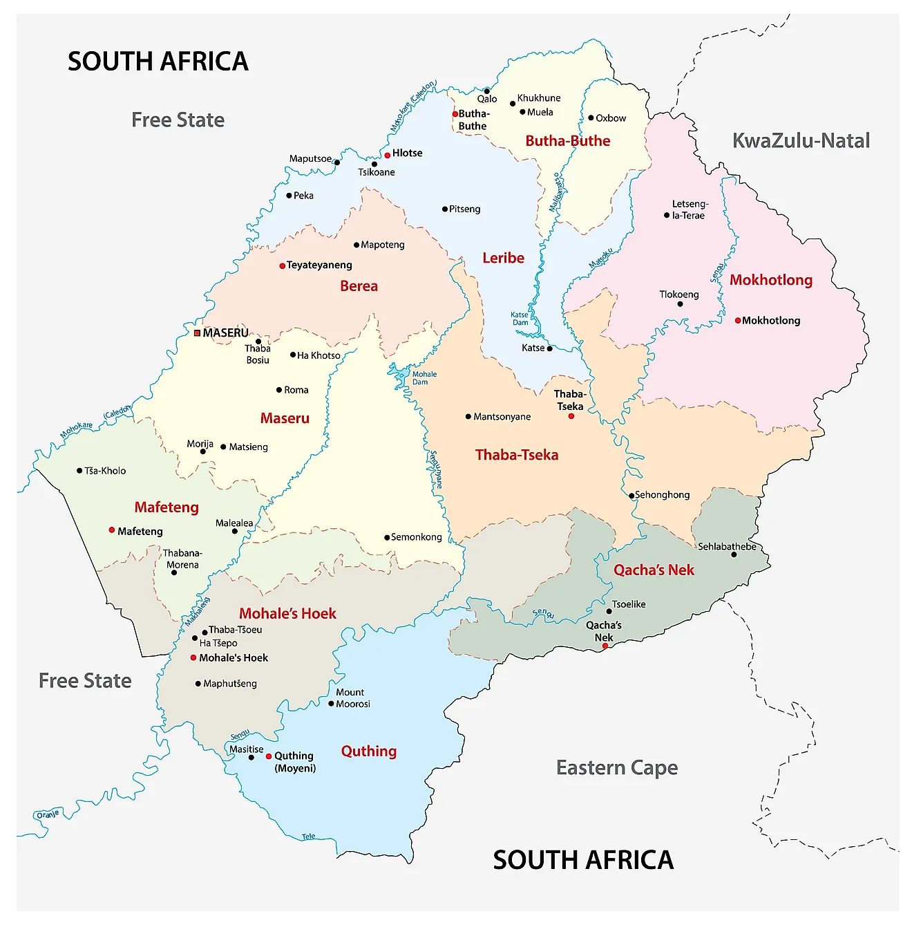 The Political Map of Lesotho displaying the 10 districts, their capitals including the national capital of Maseru.