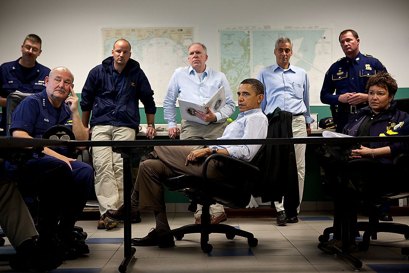 Obama at a 2010 briefing on the BP oil spill at the Coast Guard Station Venice in Venice, Louisiana.