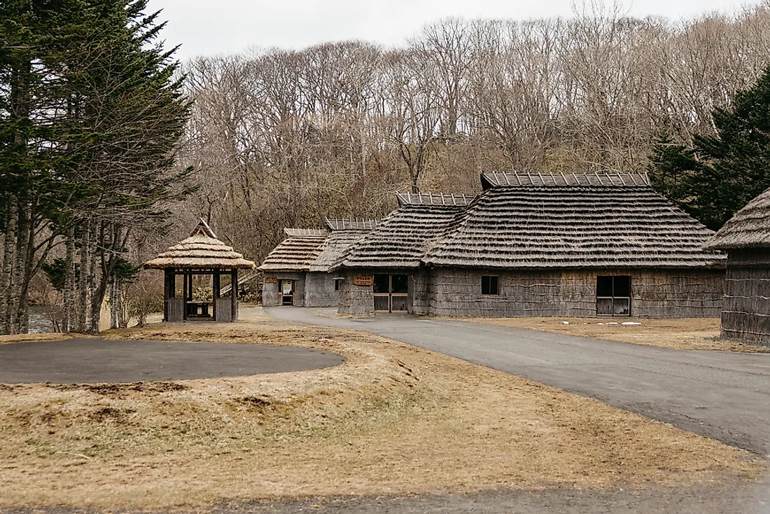 Houses in the Shiraoi Ainu Village Museum in Hokkaido, Japan.