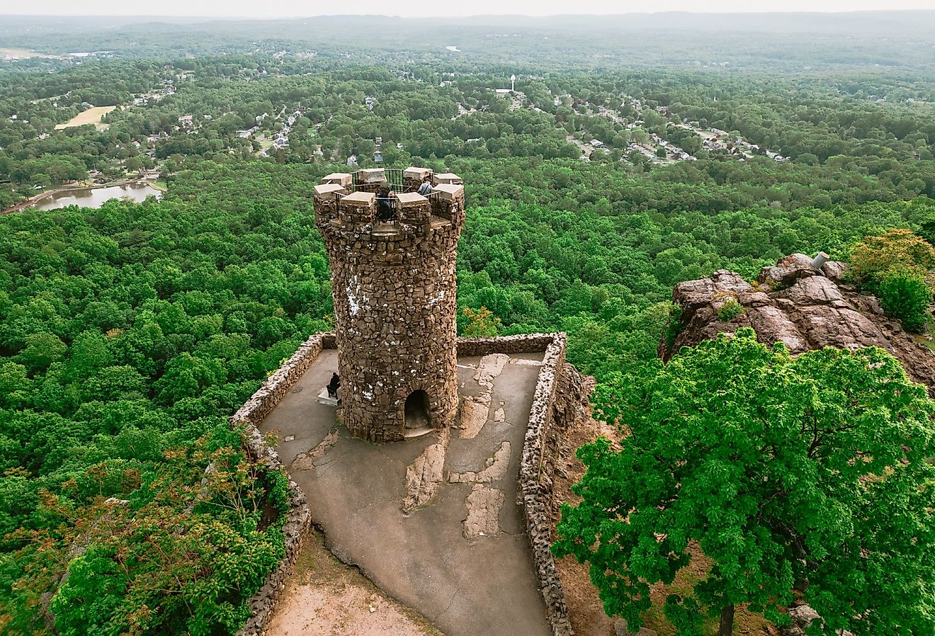 Overhead aerial view from Castle Craig in Hubbard Park in Meriden, Connecticut.