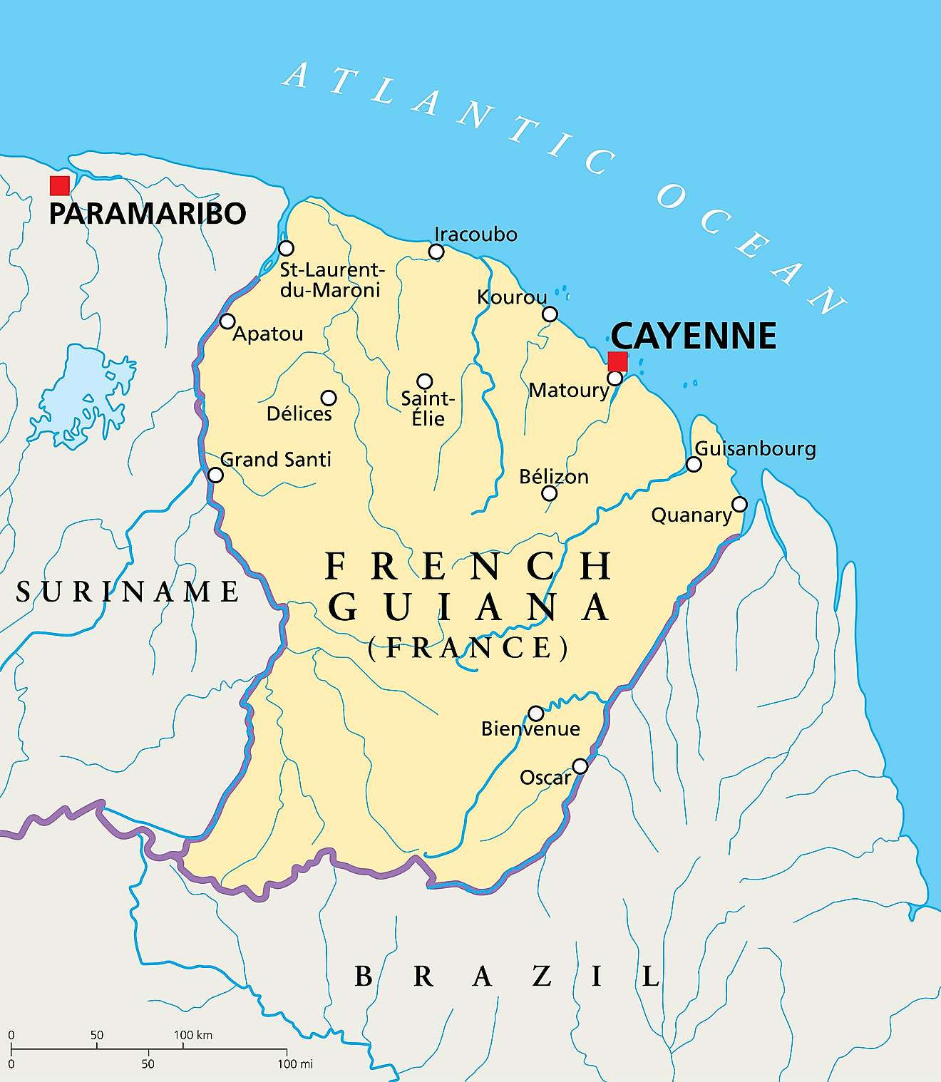 Political Map of French Guiana showing its capital - Cayenne.