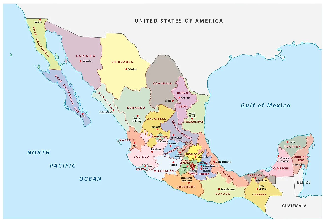 Political Map of Mexico showing its 32 federal entities and the capital Mexico City.