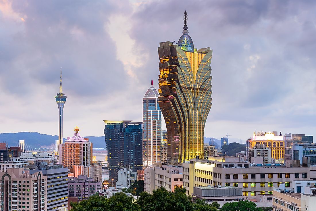 The skyline of Macau at dusk. 