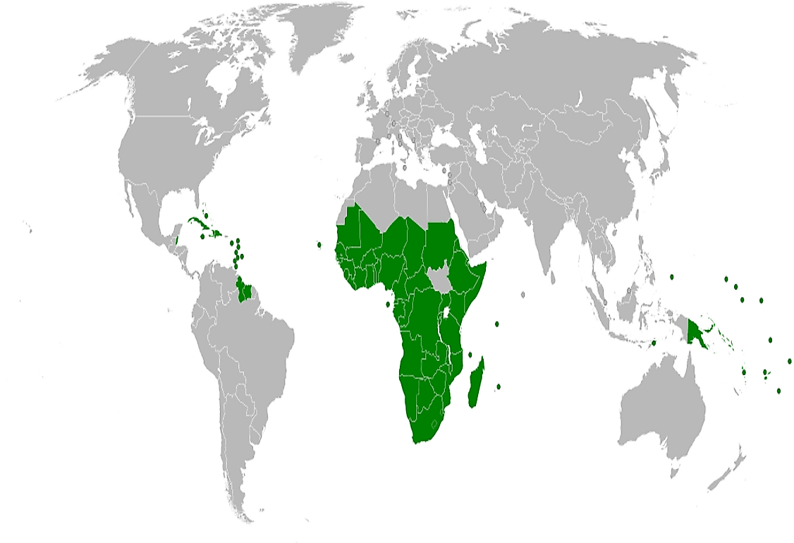 Map of the African, Caribbean and Pacific Group of States (ACP) member states.