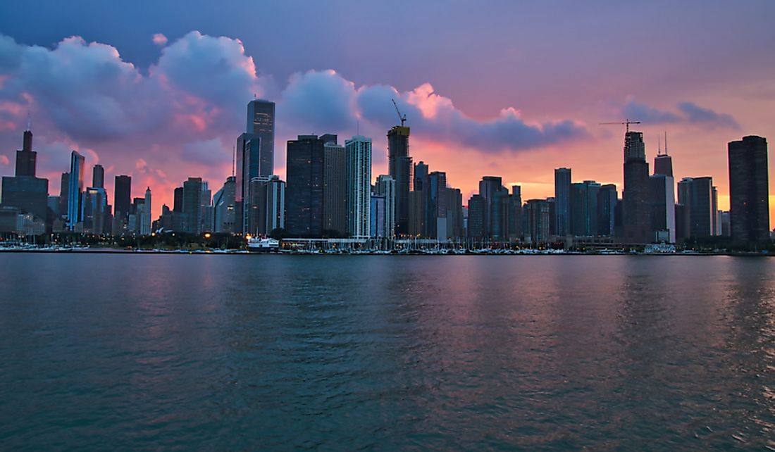 The city of Chicago on the shore of Lake Michigan.