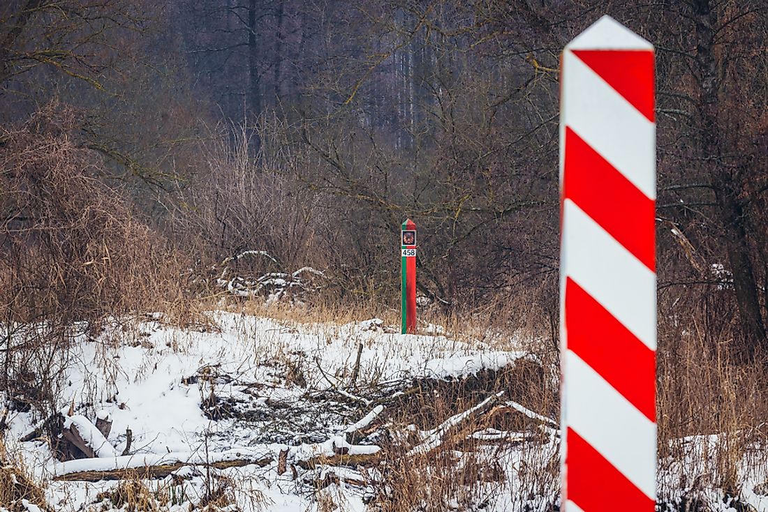Poles marking the border between Poland and Belarus. 