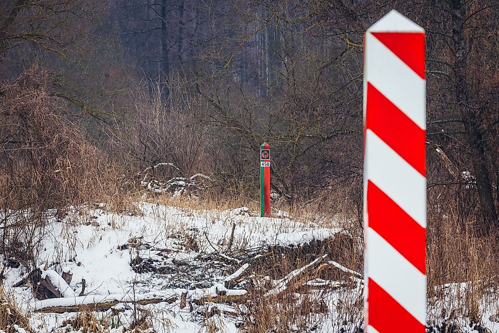 Poles marking the border between Poland and Belarus. 