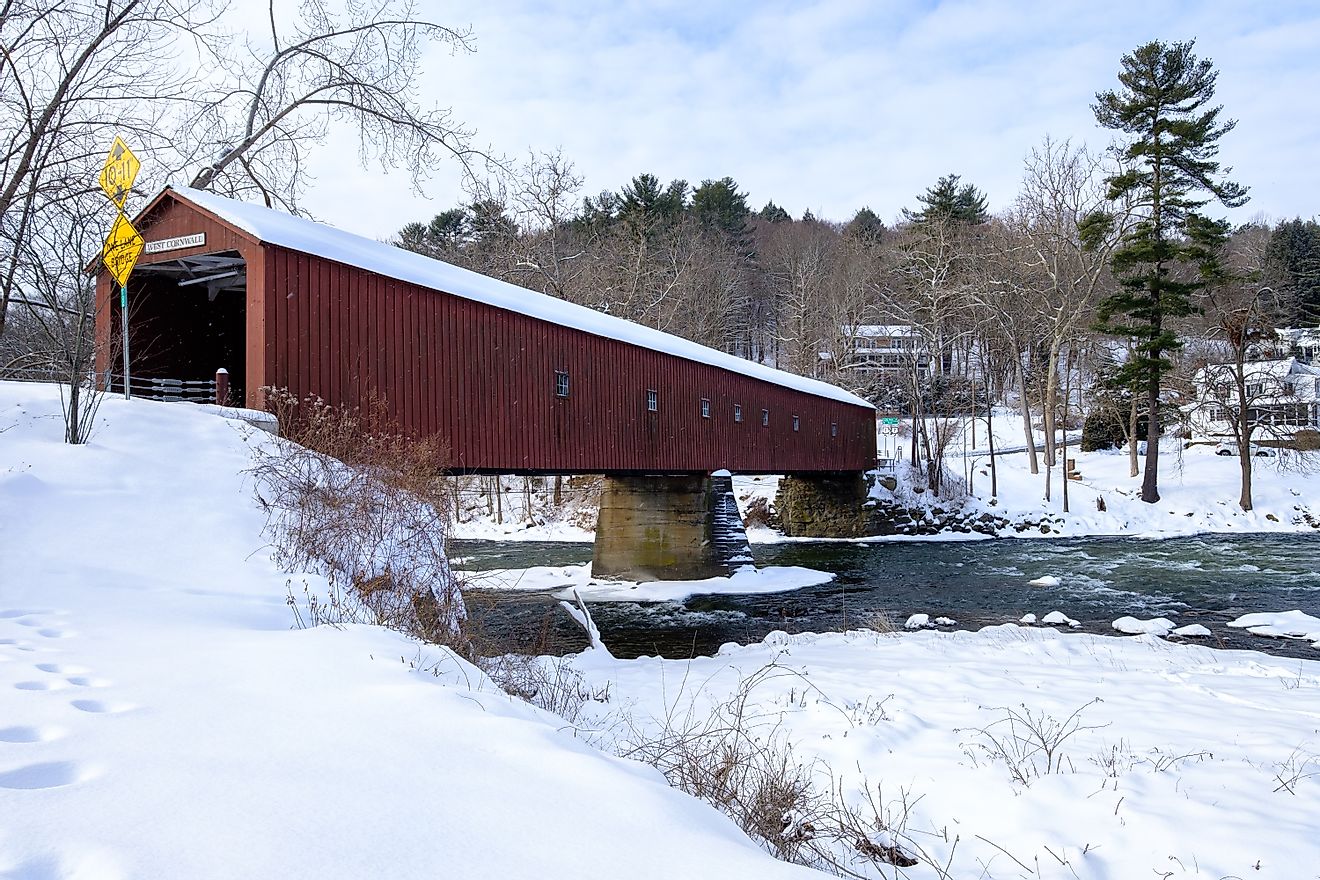West Cornwall Covered Bridge spanning the Housatonic River in Cornwall, Connecticut.