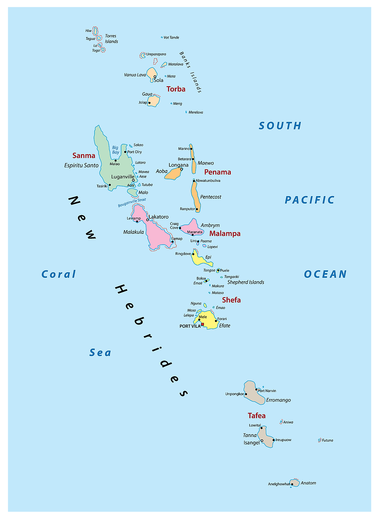 Mapa Político de Vanuatu mostrando sus 6 provincias y la ciudad capital Port Vila