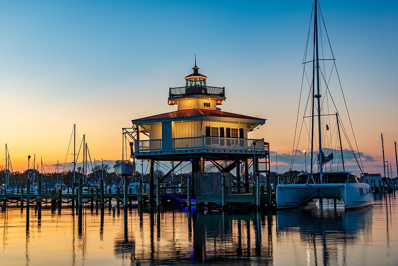 Choptank River Lighthouse in Cambridge, Maryland, at dusk. (Editorial credit: Michelangelo DeSantis / Shutterstock.com) 