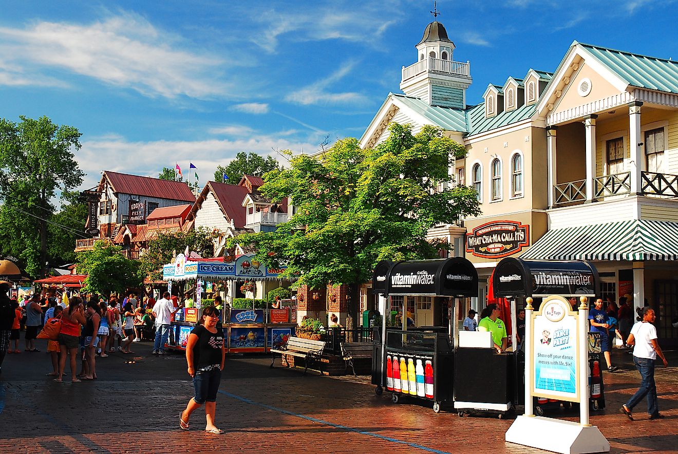 A crowd of people congregate at a recreated New England village in Agawam, Massachusetts. (Editorial credit: James Kirkikis / Shutterstock.com)