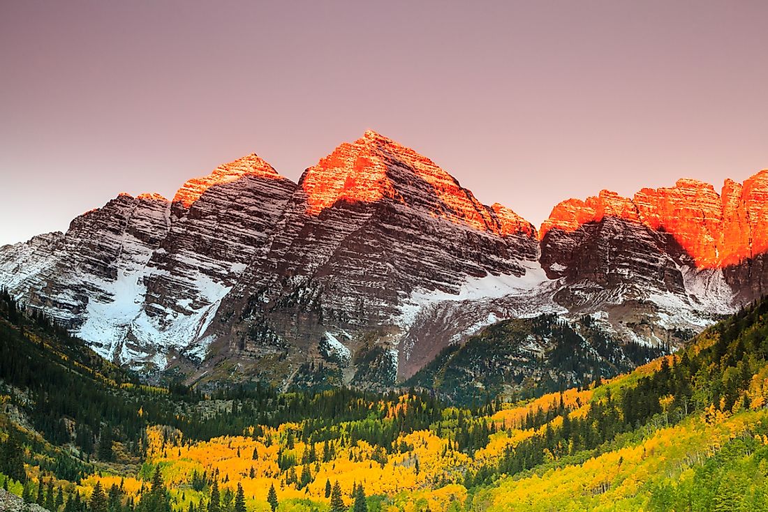 Maroon Peak and North Maroon Peak, collectively known as the Maroon Bells, are two of the highest peaks in the Elk Mountains.