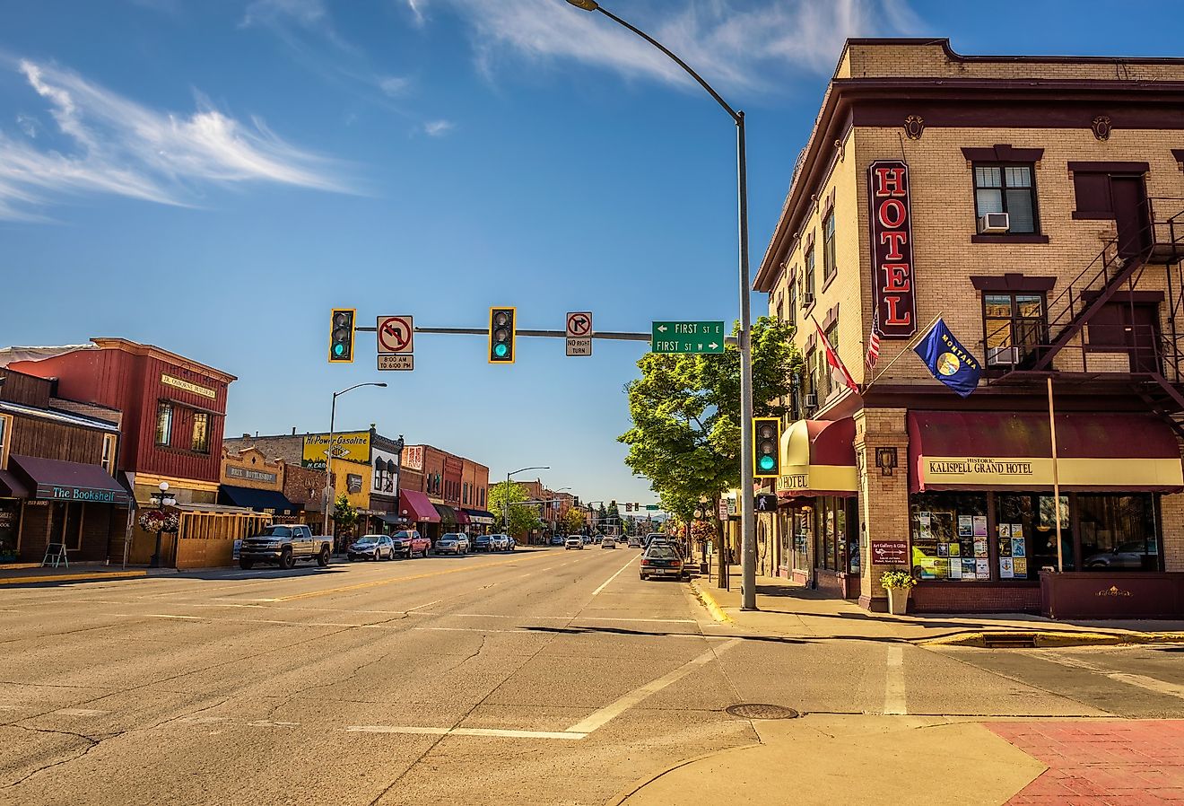 Scenic street view with shops and hotels in Kalispell, Montana. Image credit Nick Fox via Shutterstock
