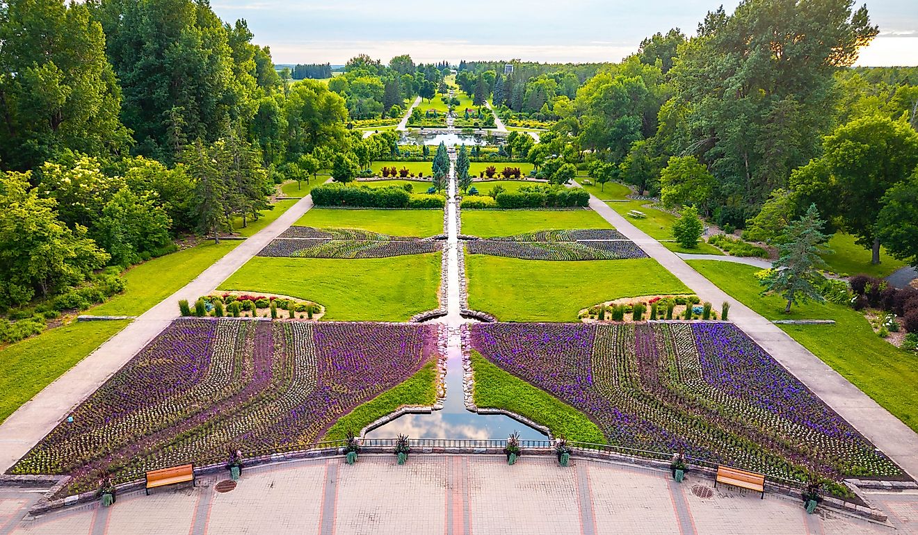 Aerial drone view of International Peace Garden on vibrant summer sunset.