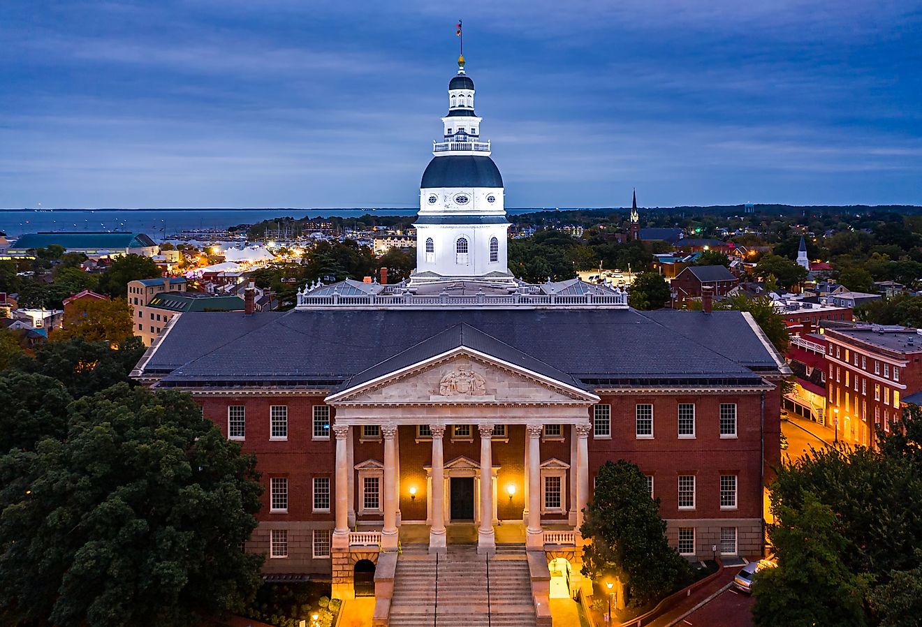 Maryland State House, in Annapolis, at dusk. Image credit: Mihai_Andritoiu via Shutterstock