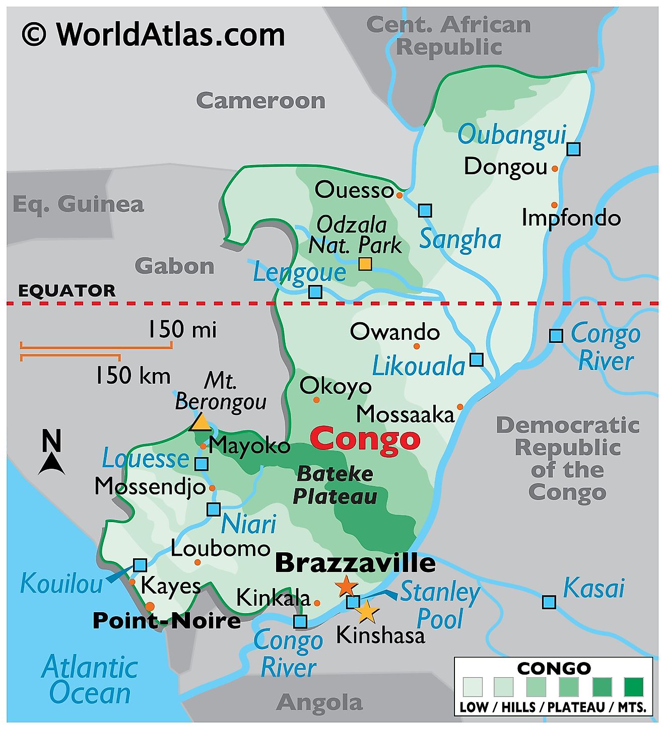 Mapa físico de la República del Congo con límites estatales, relieve, principales características físicas como ríos, lagos, montañas, puntos extremos, etc.