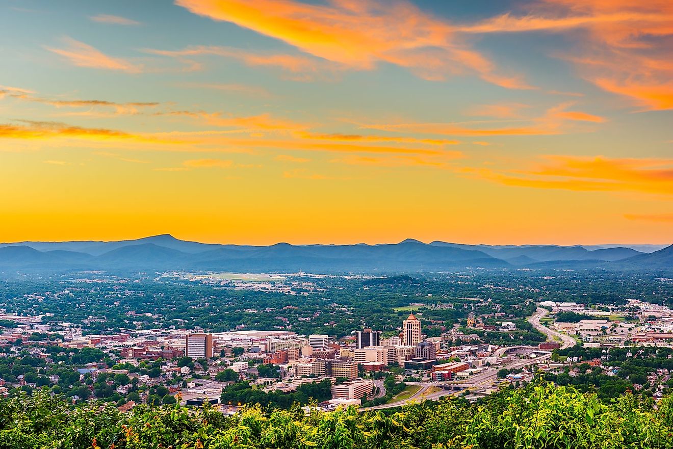 Roanoke, Virginia, downtown skyline from above at dusk. 