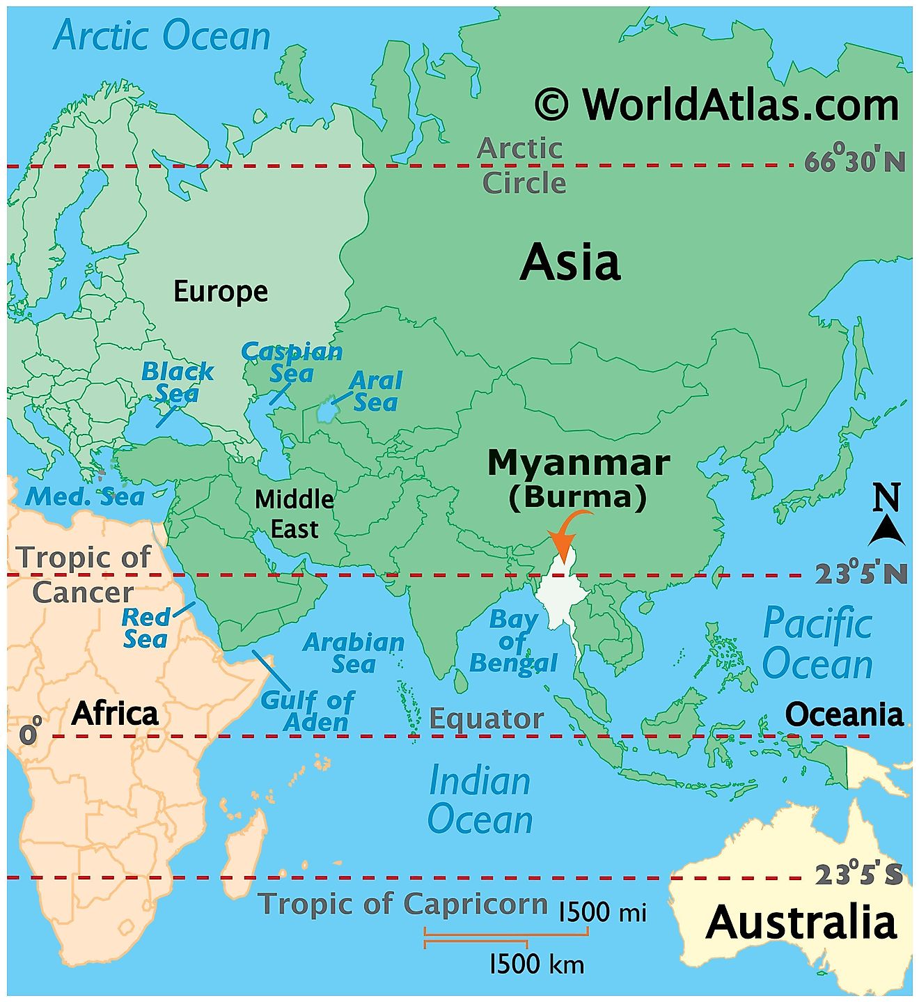 Map showing location of Myanmar in the world.
