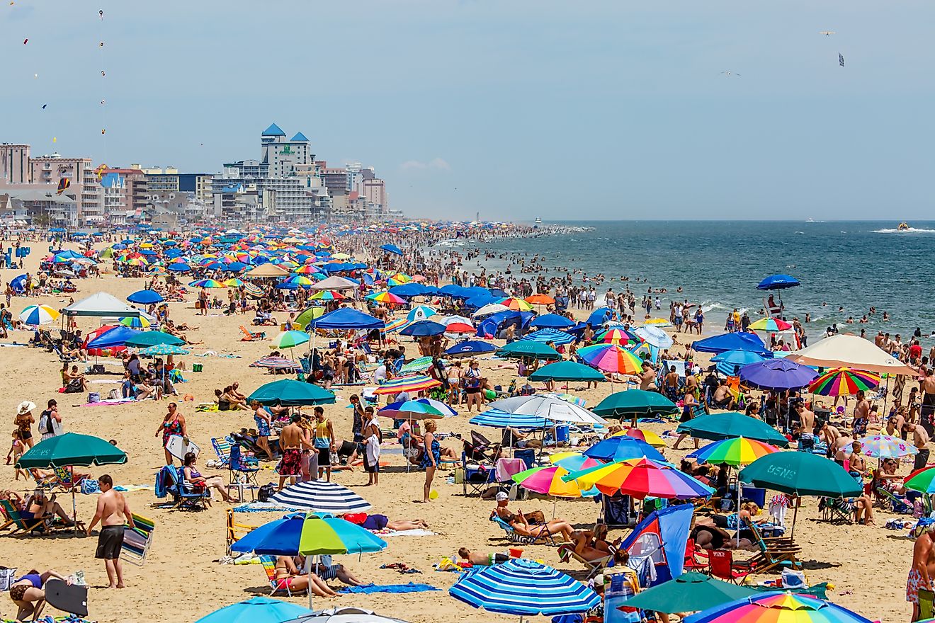 Crowded beach in Ocean City, MD on July 6, 2014. Ocean City, MD is a popular beach resorts on East Coast and one of the cleanest in the country.