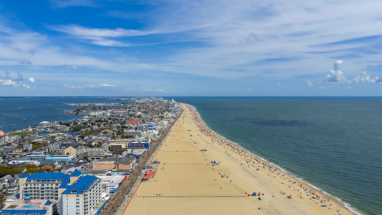 Aerial shot of hotels and condos along the coast of the Atlantic ocean in Ocean City, Maryland.