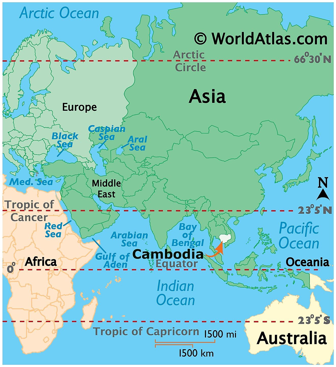 Map showing location of Cambodia in the world.