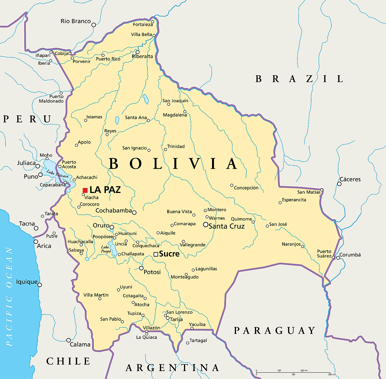 Map of Bolivia with bordering countries.