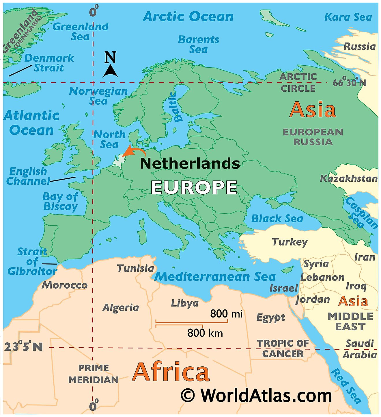 Map showing location of The Netherlands in the world.