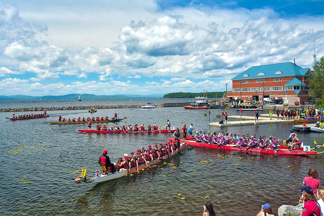 Dragon boat races on Lake Champlain in Burlington, Vermont. Editorial credit: Robophoto1 / Shutterstock.com