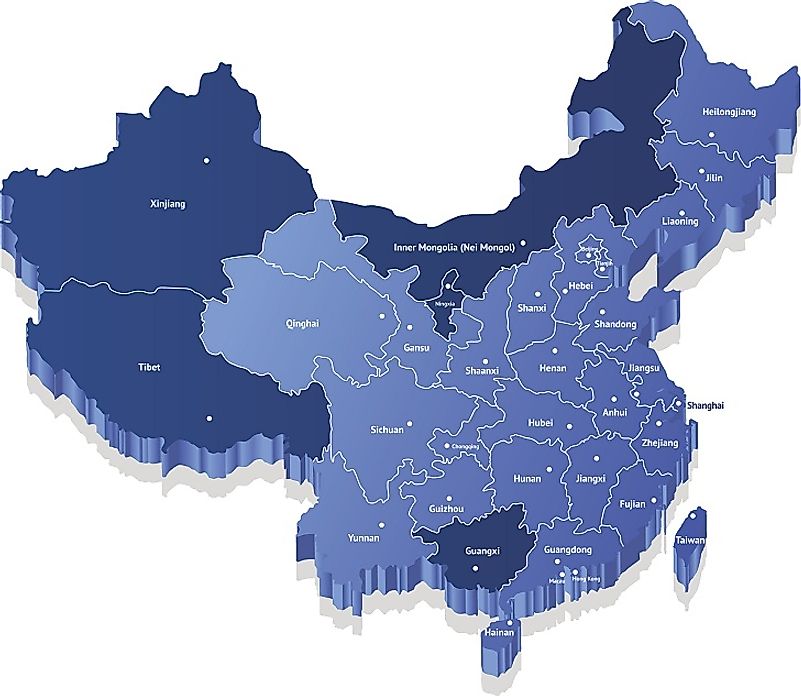 A map of Chinese administrative divisions. Hong Kong and Macao lie along the Guangdong coastline, while the separate Republic of China (Taiwan) is out at sea.
