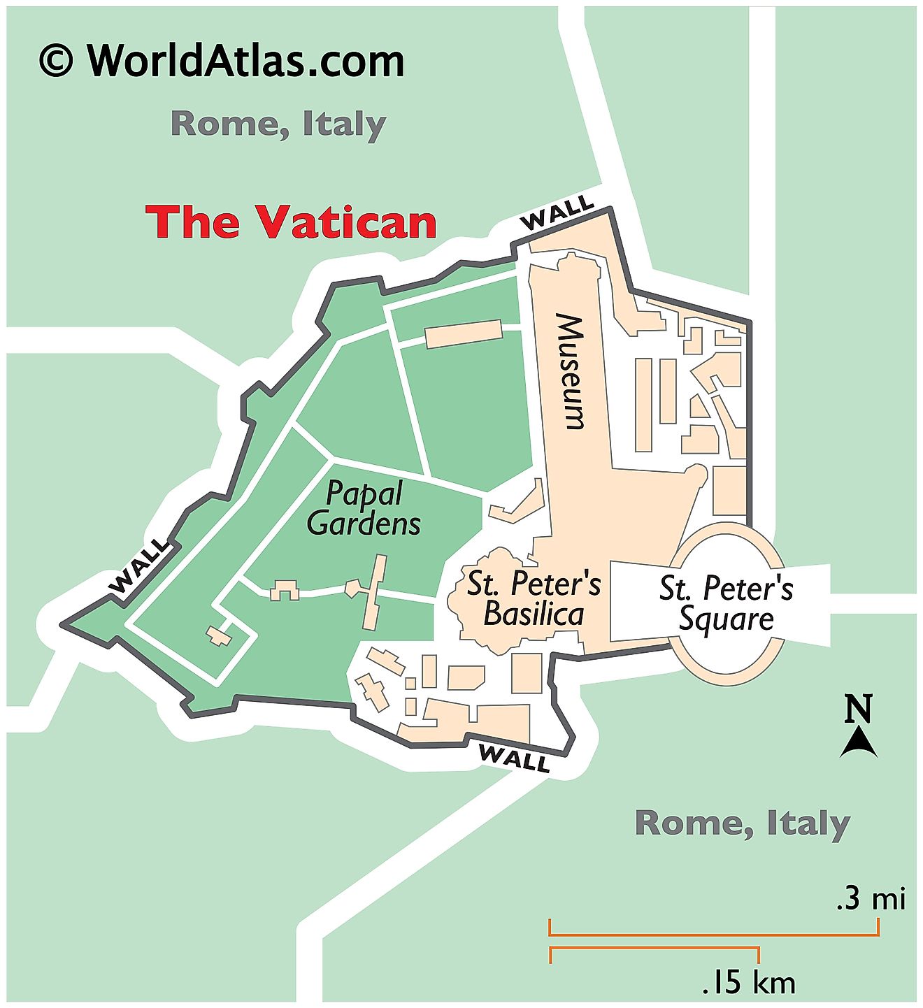 Physical Map of the Vatican City showing its main buildings, wall surrounding the state, the Papal Gardens, etc.